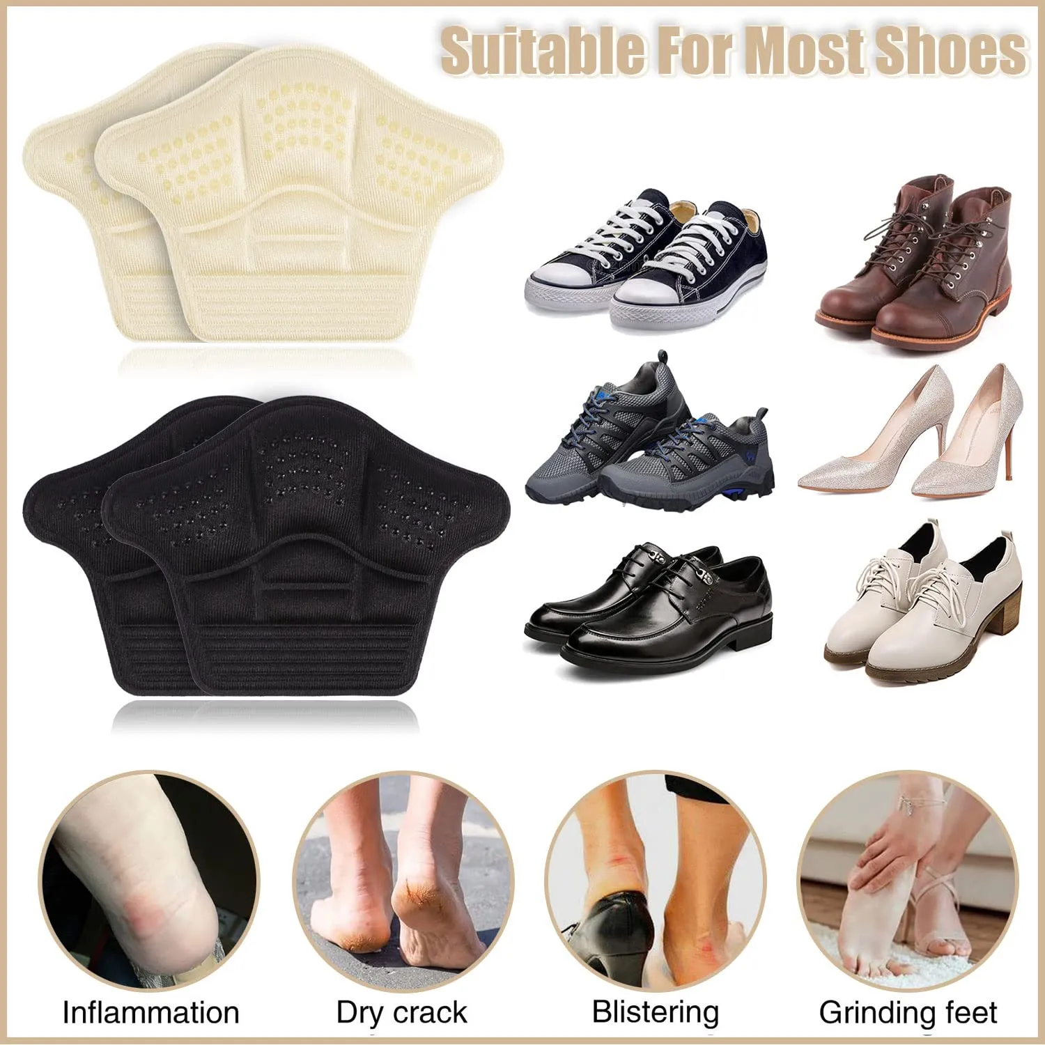 4 Pairs Heel Cushion Inserts, Heel Cushion Pads Anti-Slip Heel Grips Shoe Pads Heel Blister Protectors for Women and Men (Black & Apricot)