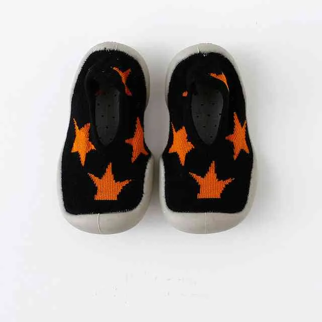 Baby Sock Shoes - Black w/ Orange Stars