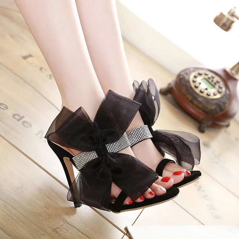 Black Rhinestone Bow High Heel Sandals