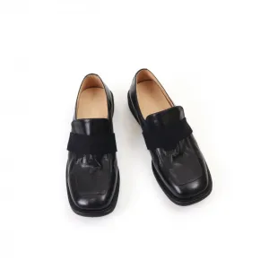 Classic Horse Leather Low Heel Loafers Women's Dress Shoes Slip Ons Black