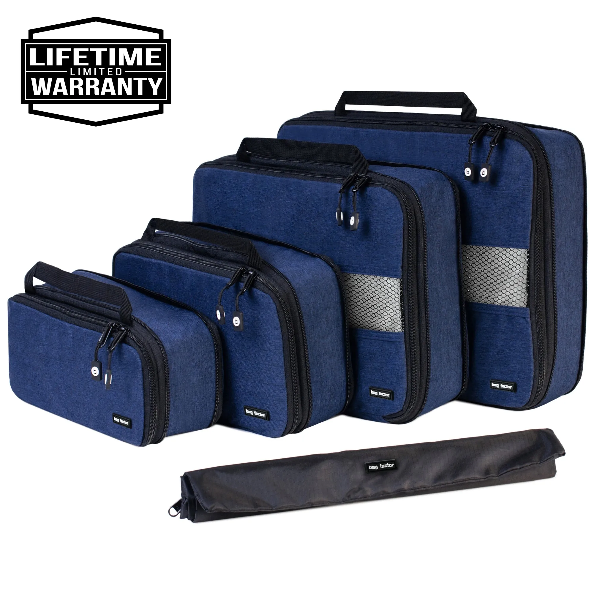 Compression Packing Cubes for Travel - Bag Factor Premium Luggage Organizer Set (Navy Blue)