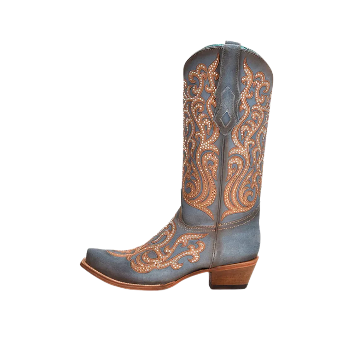 Corral Women's Honey Overlay With Crystals Snip Toe Cowboy Blue Boot