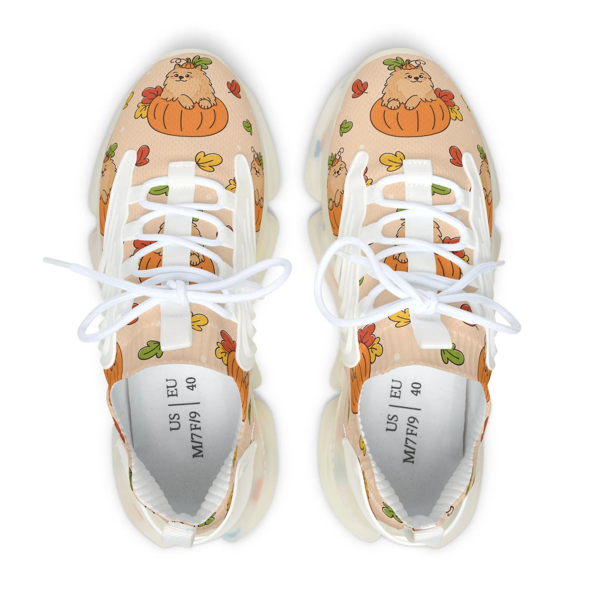 Cute Pumpkin Pomeranian Dog Women's Mesh Sneakers