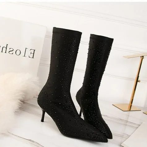 Diamond Elements Pointed Toe Fine High Heel Short Boots