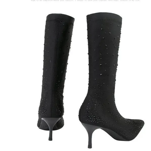 Diamond Elements Pointed Toe Fine High Heel Short Boots