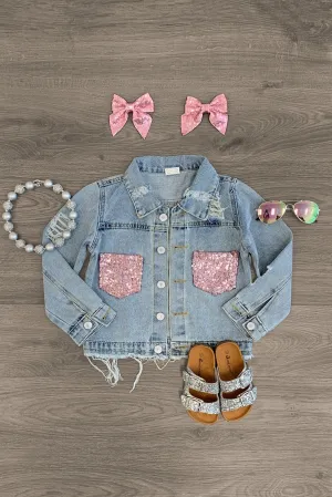 Distressed Denim Sequin Pocket Jacket