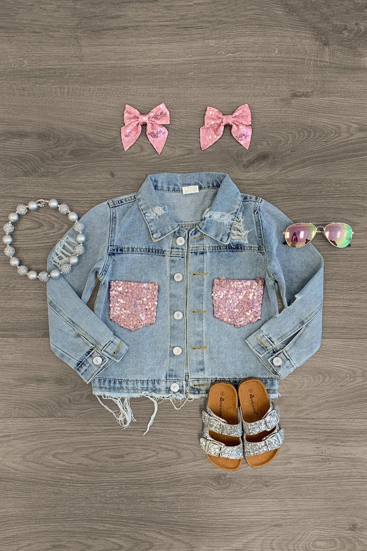 Distressed Denim Sequin Pocket Jacket