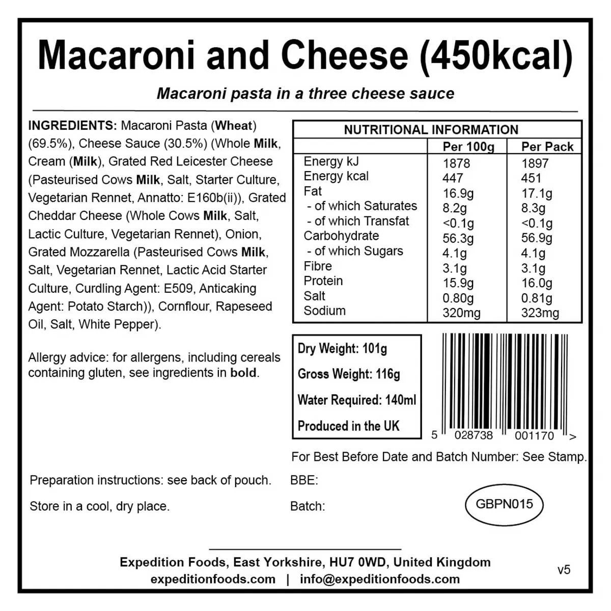 Expedition Foods Freeze-Dried Meal Macaroni and Cheese 450kcal