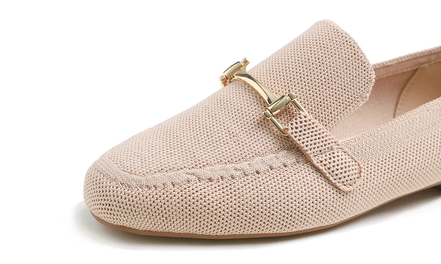 Feversole Women's Woven Fashion Breathable Knit Flat Shoes Nude Color Loafer Metal Trim