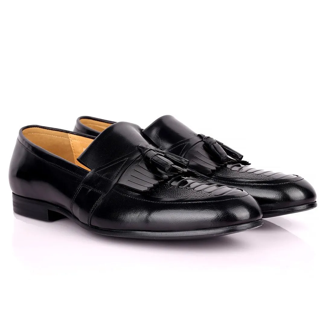 Gian Exquisite Tassel and Fringe Designed Black Leather Shoe