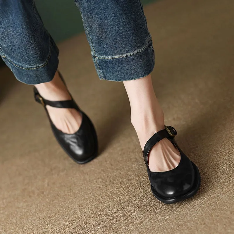 Handmade Soft Leather Mary Jane Flats in Black/Brown