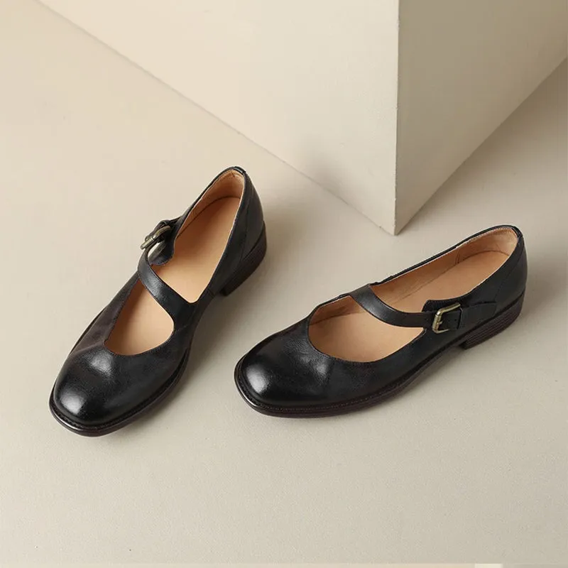 Handmade Soft Leather Mary Jane Flats in Black/Brown