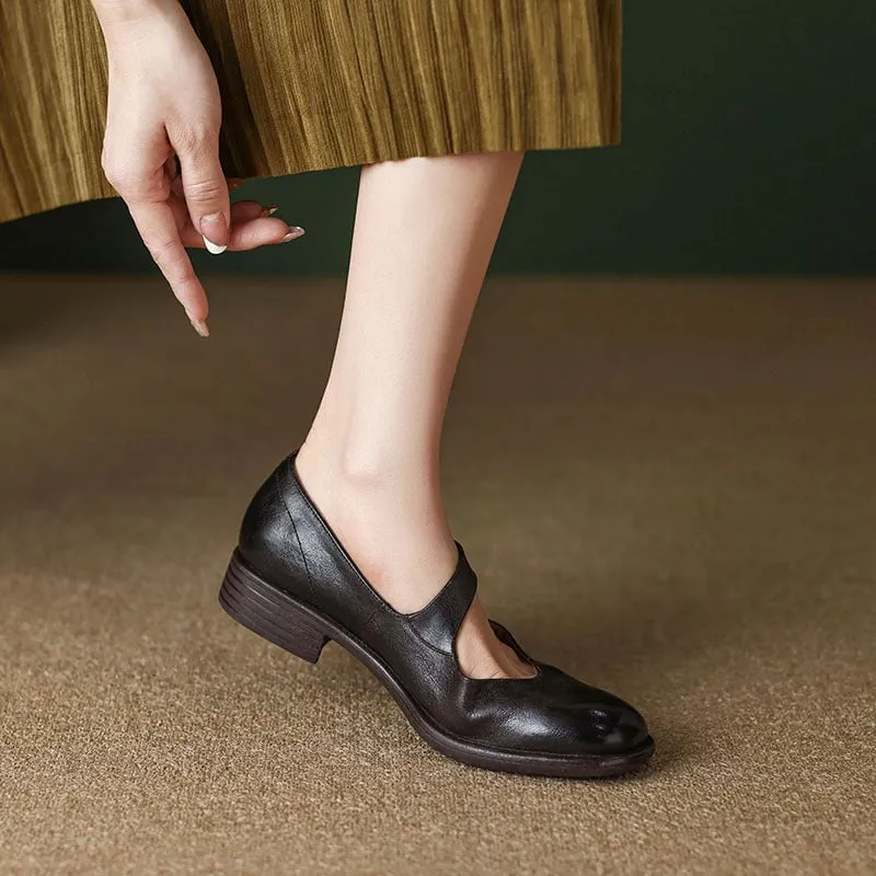 Handmade Soft Leather Mary Jane Flats in Black/Brown