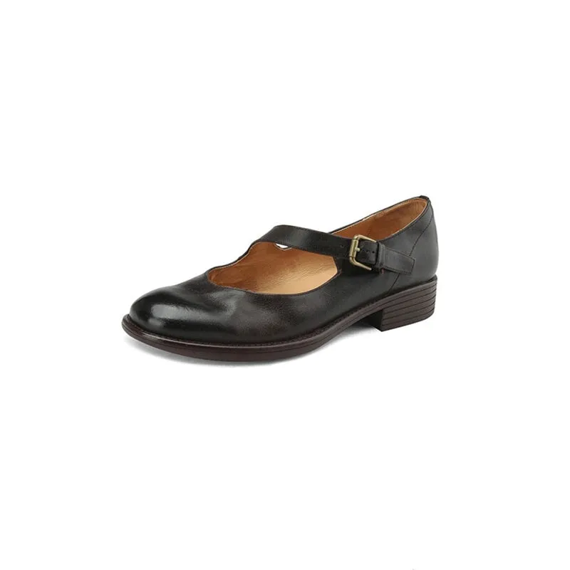 Handmade Soft Leather Mary Jane Flats in Black/Brown