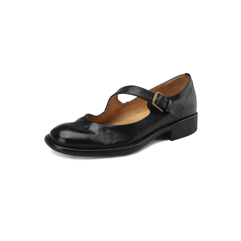 Handmade Soft Leather Mary Jane Flats in Black/Brown