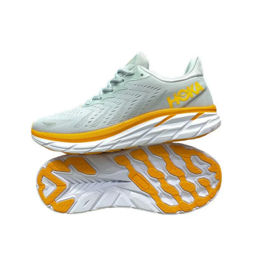 Hoka Clifton 8 Men’s Running Shoes – Light Grey/Orange | Max-Cushion w/ Meta-Rocker Tech | Neutral Arch Support for Long Runs, Marathons & Daily Training | Royal Trend Pakistan