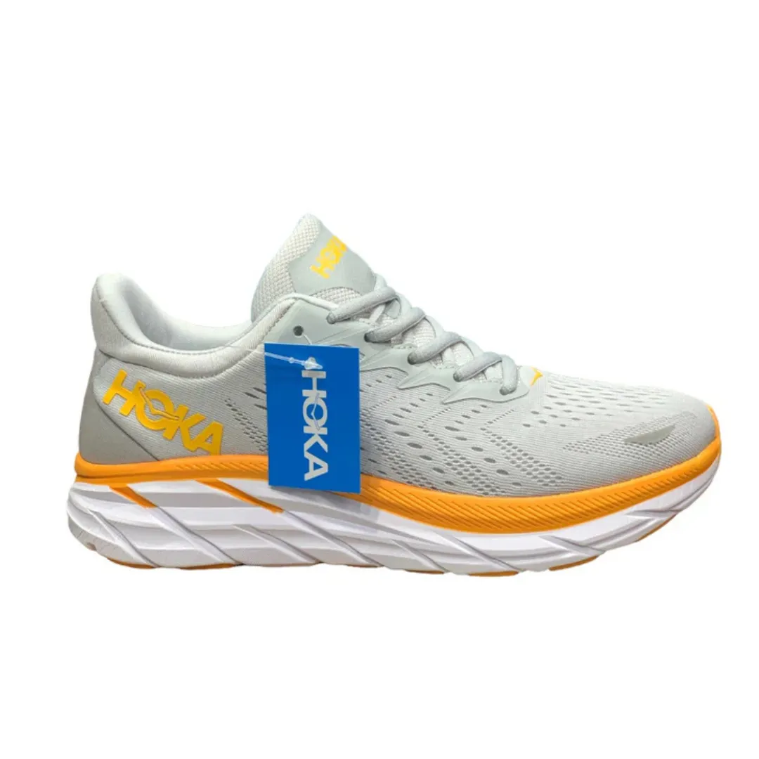 Hoka Clifton 8 Men’s Running Shoes – Light Grey/Orange | Max-Cushion w/ Meta-Rocker Tech | Neutral Arch Support for Long Runs, Marathons & Daily Training | Royal Trend Pakistan