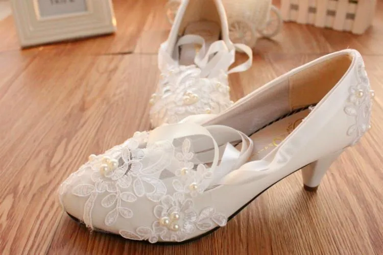 Lace Pearls Pointed Toes Women Wedding Shoes With Ribbons Lace Up, SY0122