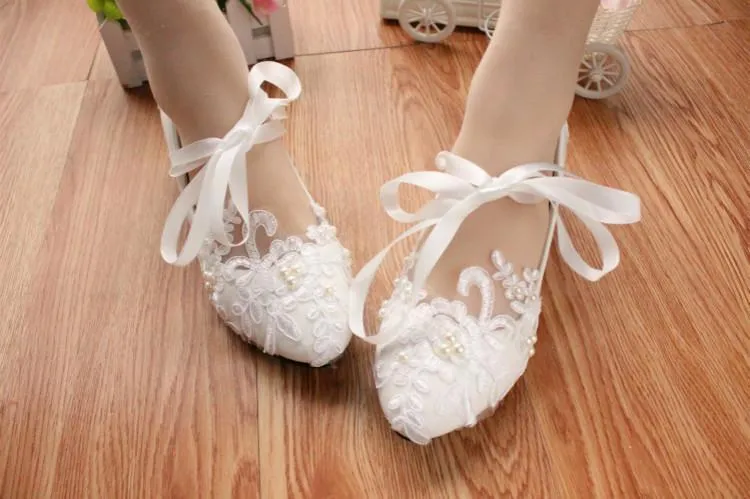 Lace Pearls Pointed Toes Women Wedding Shoes With Ribbons Lace Up, SY0122