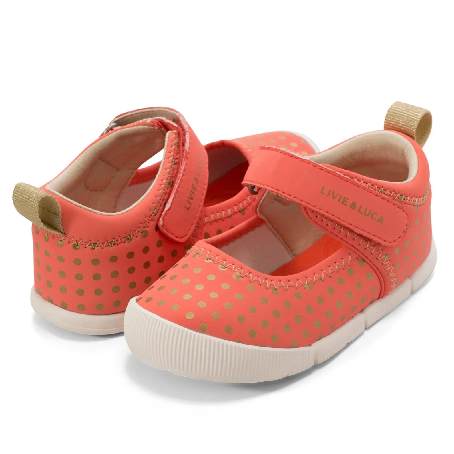 Livie & Luca Girl's Versey Hook and Loop Shoe, Coral Polka Dot