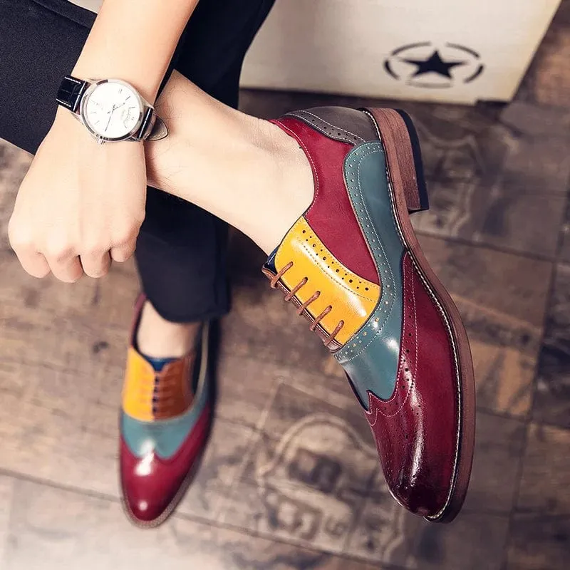 Luxury Multi-colored Premium Leather Lace-Up Business Shoes: Men's Classic Square Toe Dress Flats