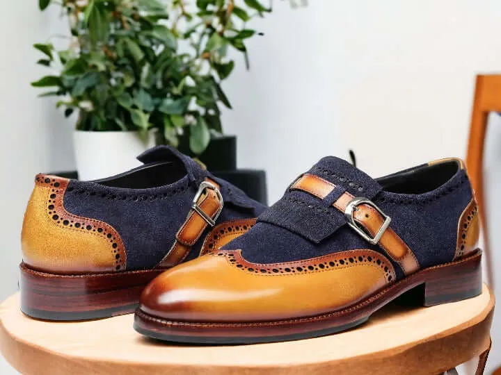 Men's Blue Brown Buckle Leather Shoes, Hand Painted Buckle Formal Shoes