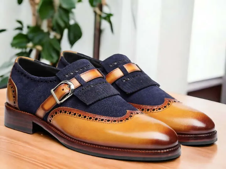 Men's Blue Brown Buckle Leather Shoes, Hand Painted Buckle Formal Shoes