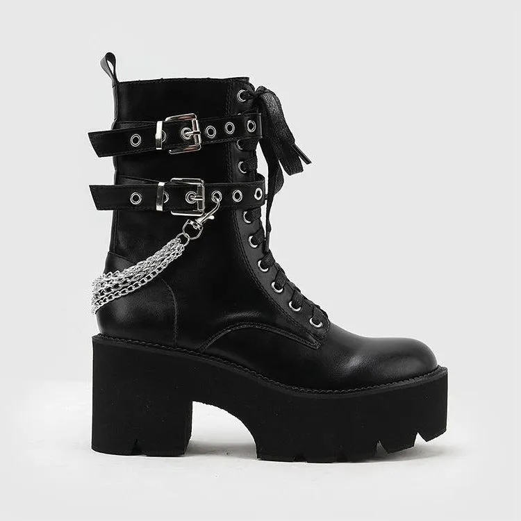 Mid-calf Chunky Heeled Thick-Soled Belt Buckle Martin Boots