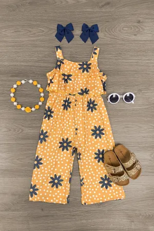 Mustard Polka Dot & Flower Ruffle Jumpsuit