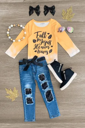 "Fall For Jesus He Never Leaves" Denim Set