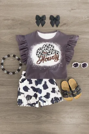 "Howdy" Suede Cow Print Short Set