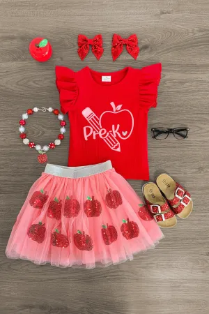 "Pre-K - 4th Grade" Pink Apple Tutu Skirt Set