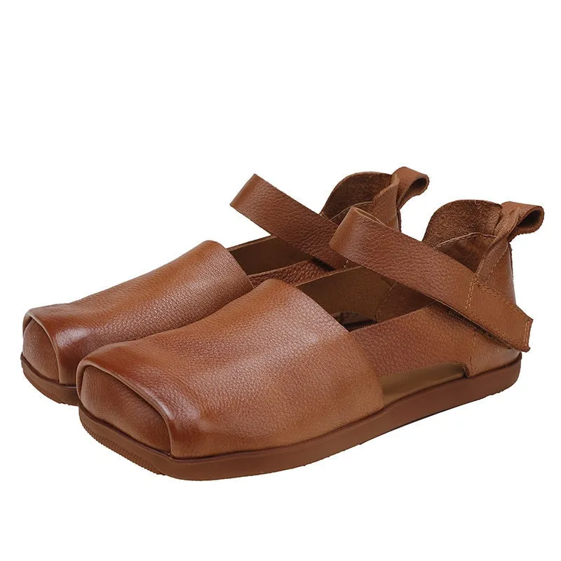 Retro Leather Sandals Square Toe Touch-strap in Brown/Beige/Black