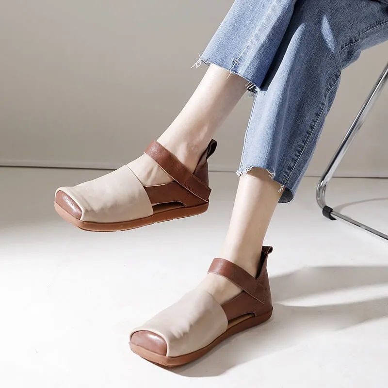 Retro Leather Sandals Square Toe Touch-strap in Brown/Beige/Black