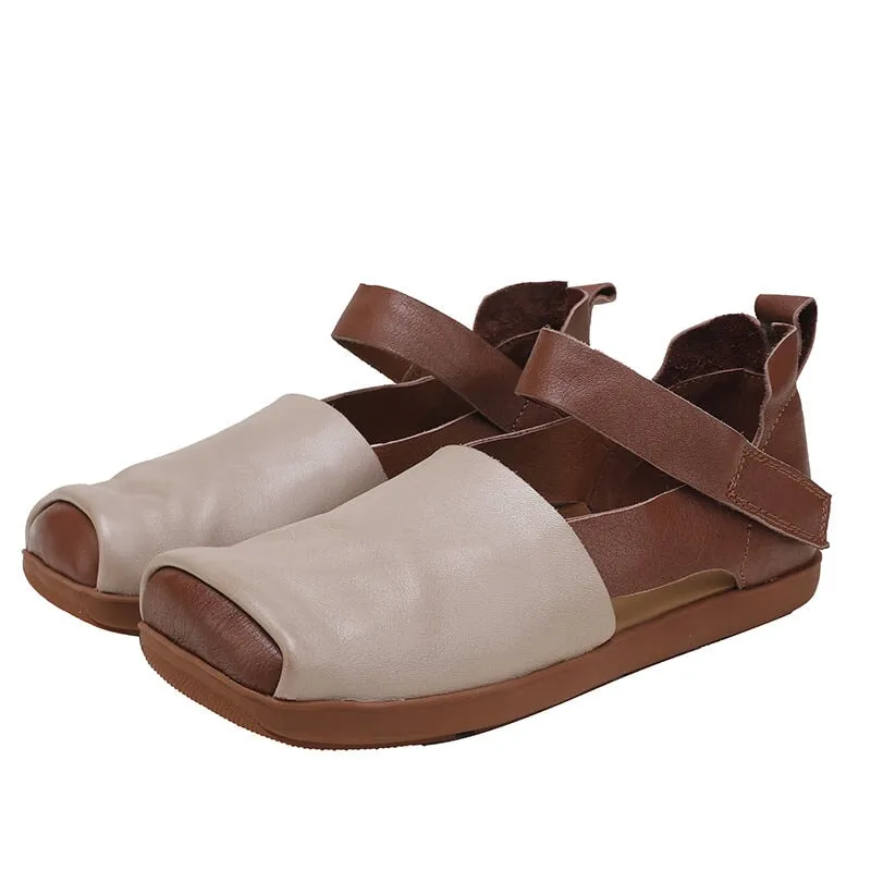 Retro Leather Sandals Square Toe Touch-strap in Brown/Beige/Black