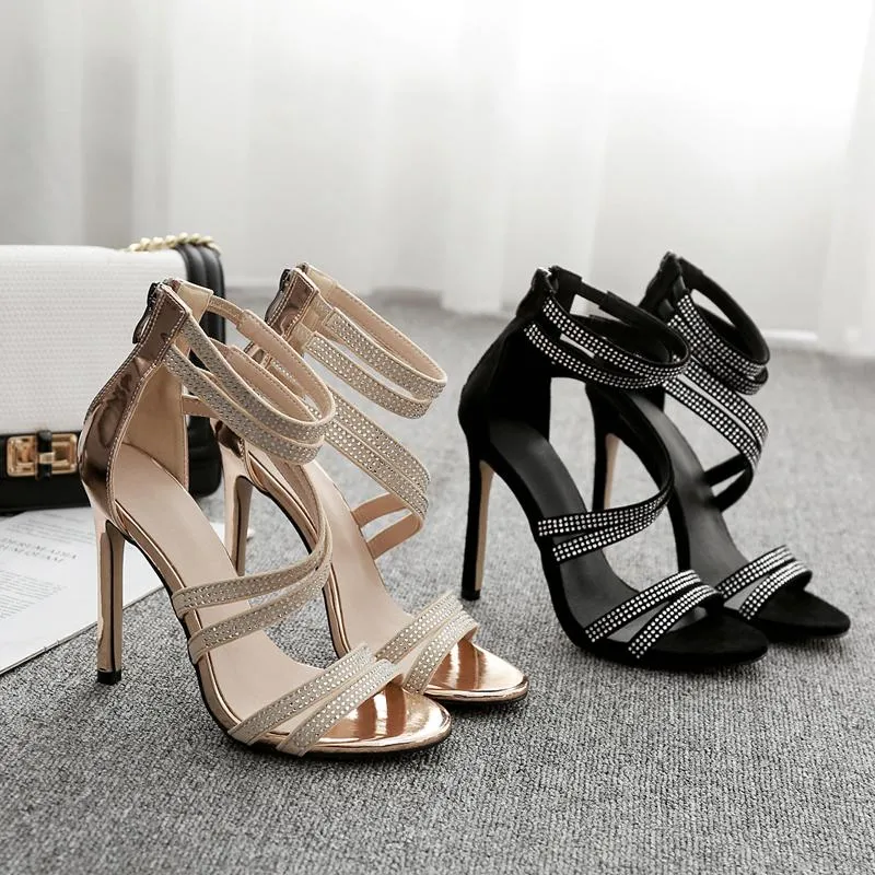 Rhinestone Spaghetti Straps High-heeled Open Toe Sandals