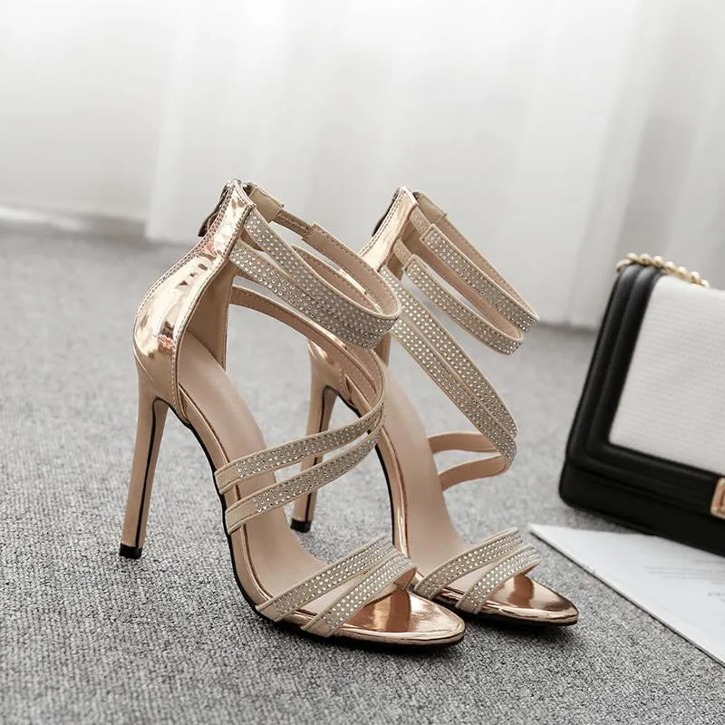 Rhinestone Spaghetti Straps High-heeled Open Toe Sandals