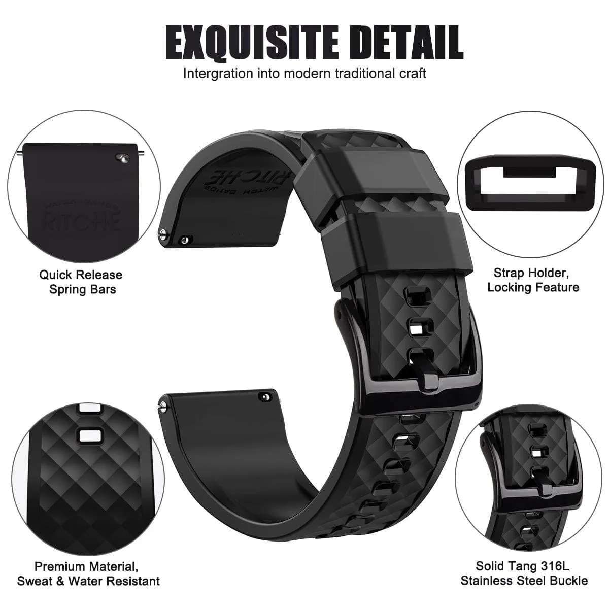 Ritche Black Classic Silicone Quick Release Watch Bands