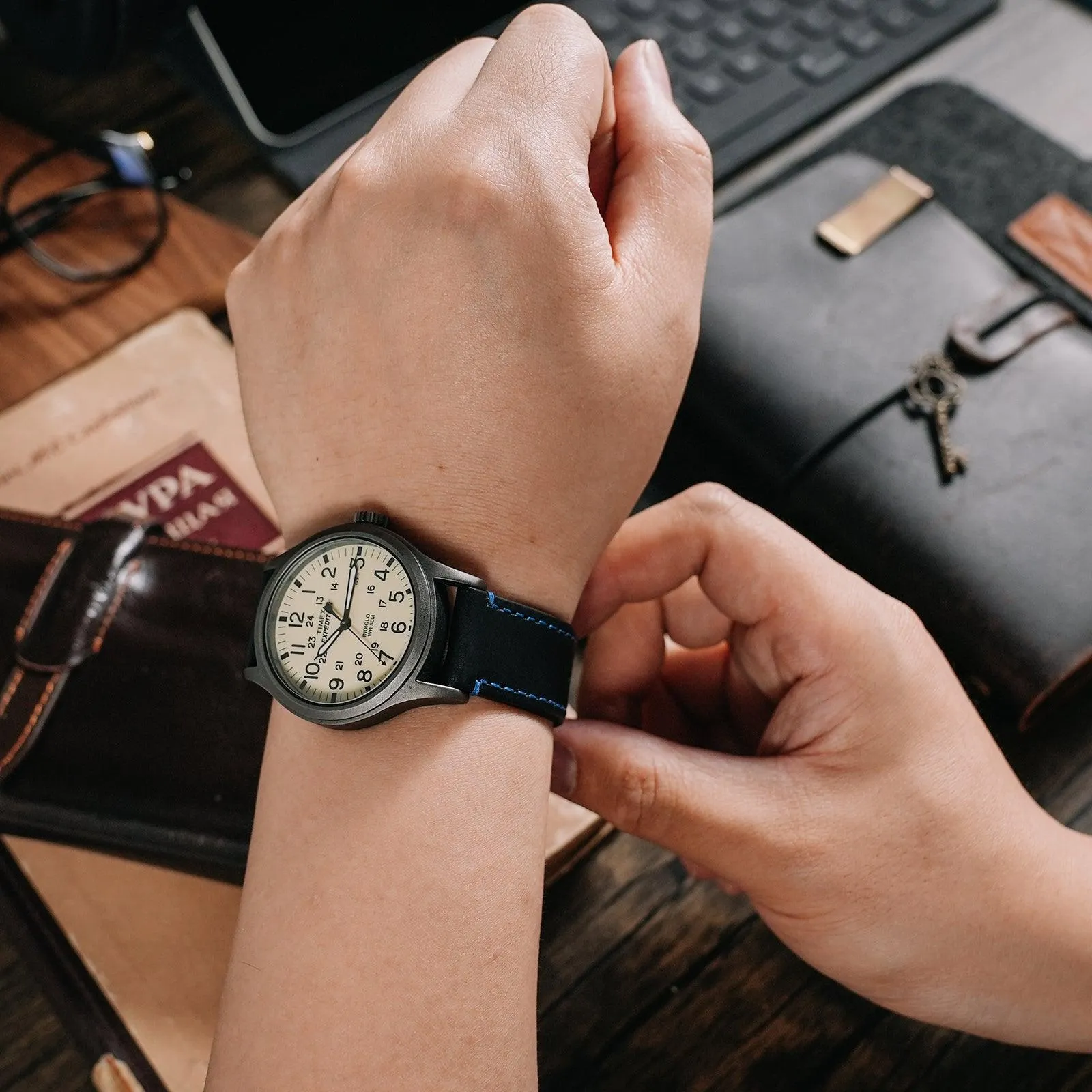 Ritche Black/Blue Stitching Top Grain Leather Watch Bands