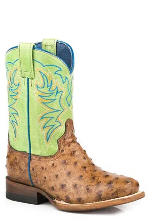 Roper Footwear Children's Tan Ostrich Print Square Toe Boots with Bright Green Tops