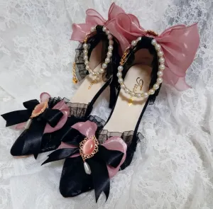 Sohiwoo Lolita Bridal Wedding Stiletto High Heels 6-8cm Shoes Bow Lady Girls Sweet Pointed Toe Princess Kawaii Tea Party Cute Lo Shoes