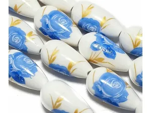 White & Blue Printed Oval Ceramic Beads