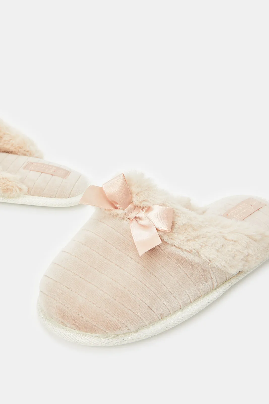 Women Beige Closed Toe Slippers With Satin Bow