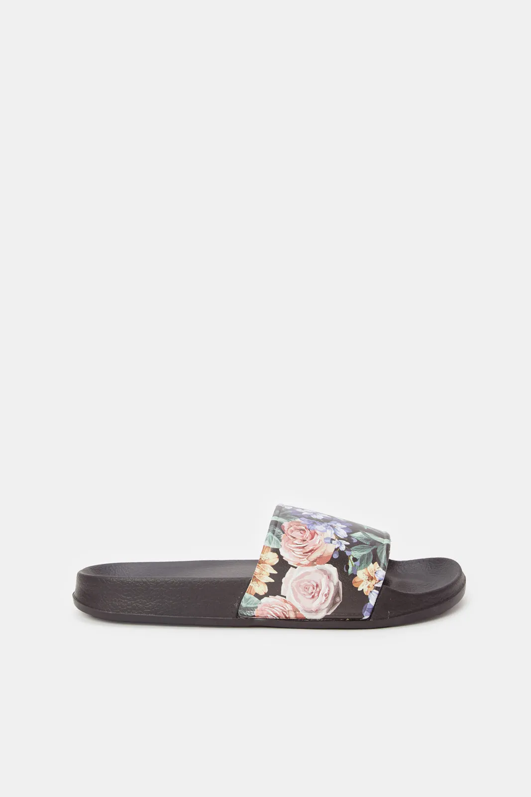 Women Black Floral Print Slide