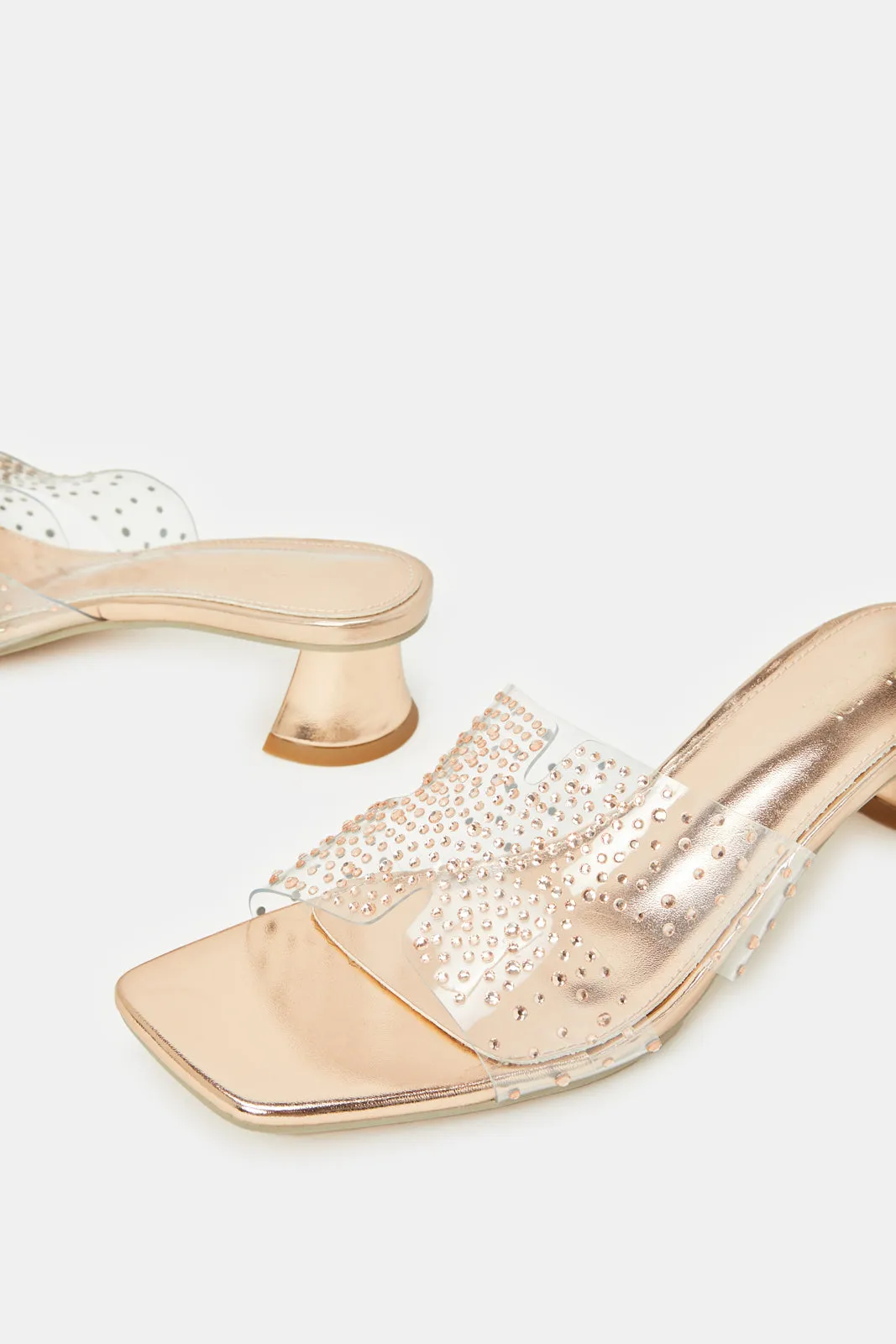 Women Gold Embellished Midi Heels Mule