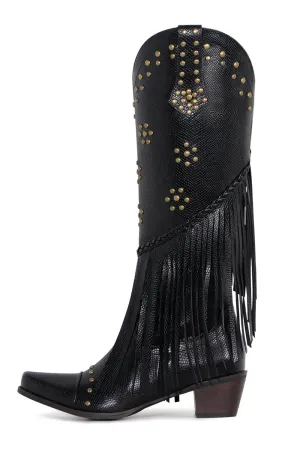 Women's Black Beaded Fringes Pointed Toe Chunky Hell Boots