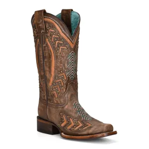 Women's Corral Laser-Embordered-Studded Square Toe Western Boot